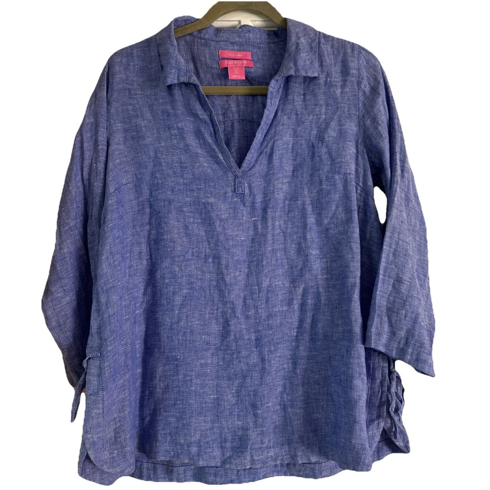 Isaac Mizrahi Shirt Womens S Linen Popover Side Tie Relaxed Boxy Lagenlook Blue